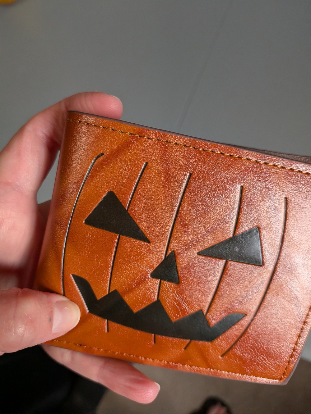 Faux Leather Pumpkin Face Bifold Wallet - Brown/Orange